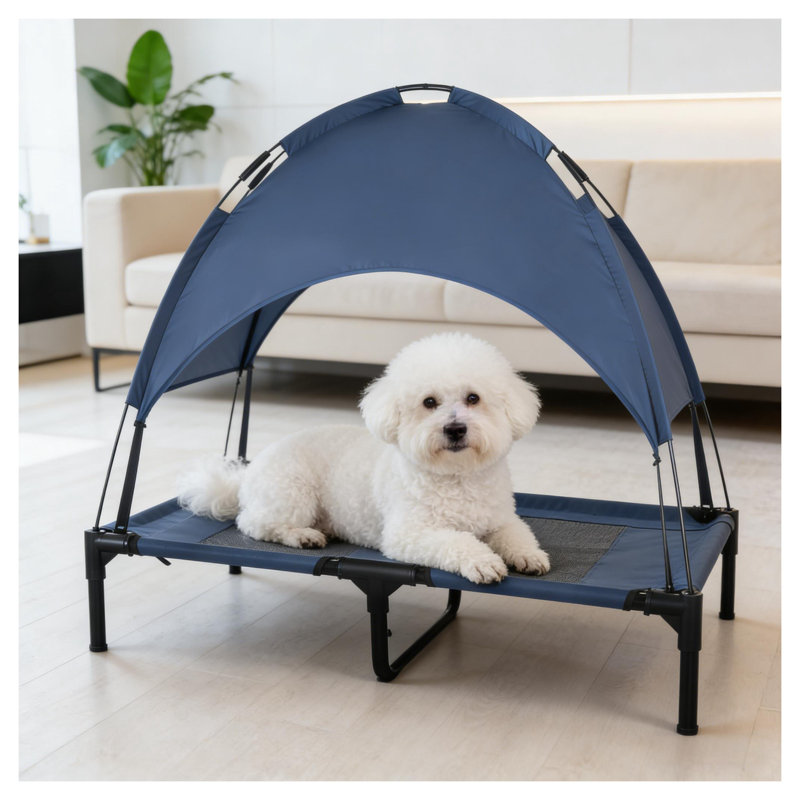 Elevated Portable Pet Cot Bed with Mesh Surface, Black and Dark Blue