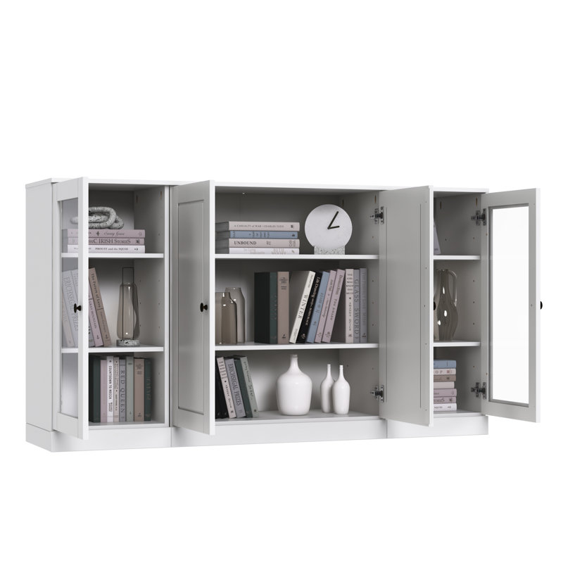 Buffet 65% en bois massif Kyreigh avec portes en verre transparent et tablettes réglables, White
