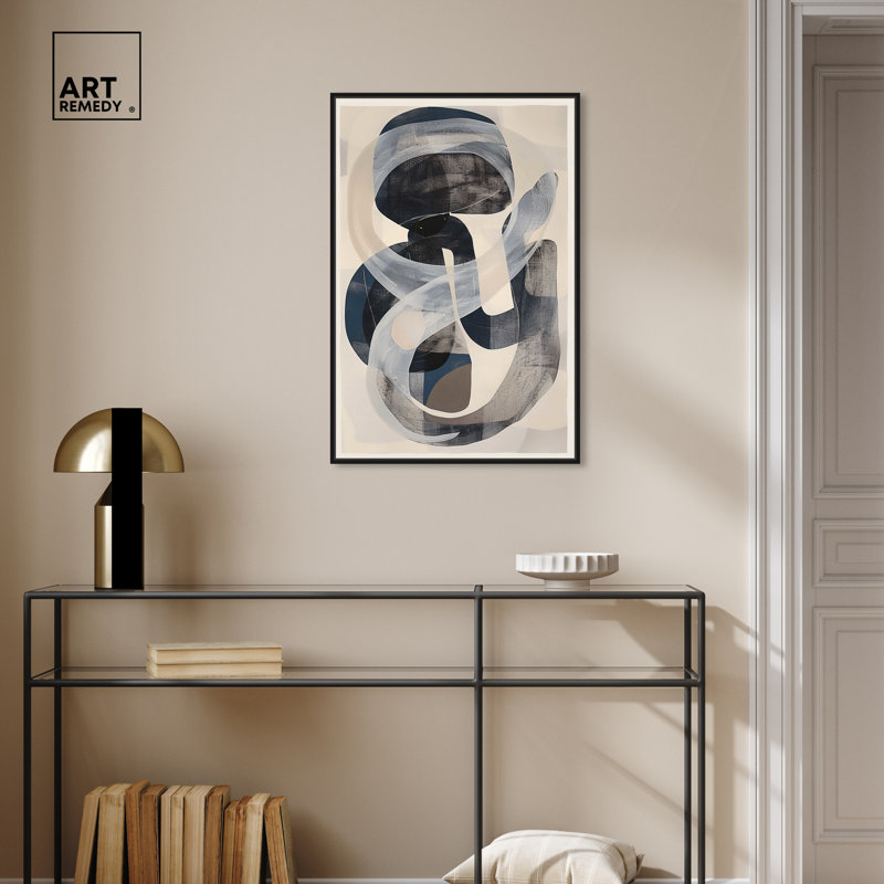 Large Abstract Black and Gray Canvas Wall Art with Black Frame