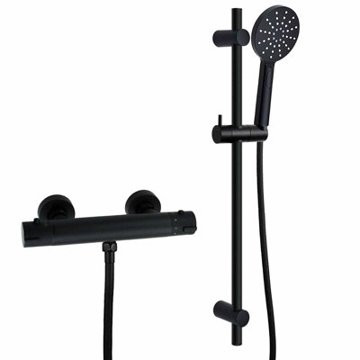 Heile Black Thermostatic Shower Mixer Bar Round Handset Riser Rail Kit Exposed Shower with Handheld Shower Head