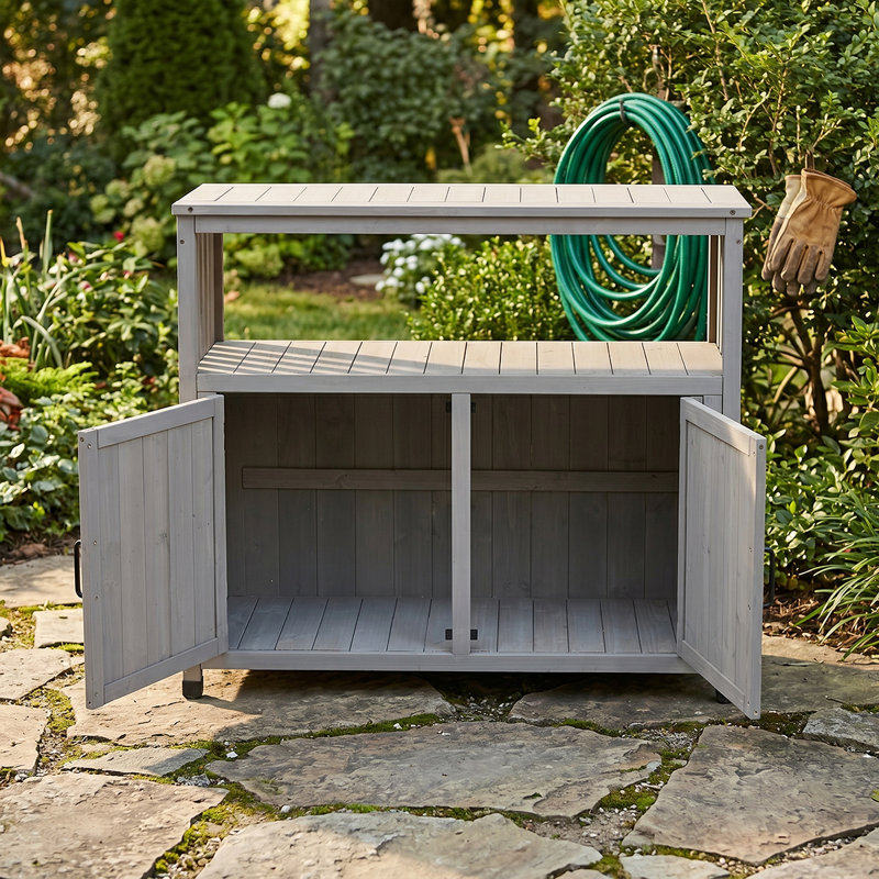 Armoire de rangement pour patio avec panneaux à lattes - Table de buffet en bois durable pour tous les climats, Gris