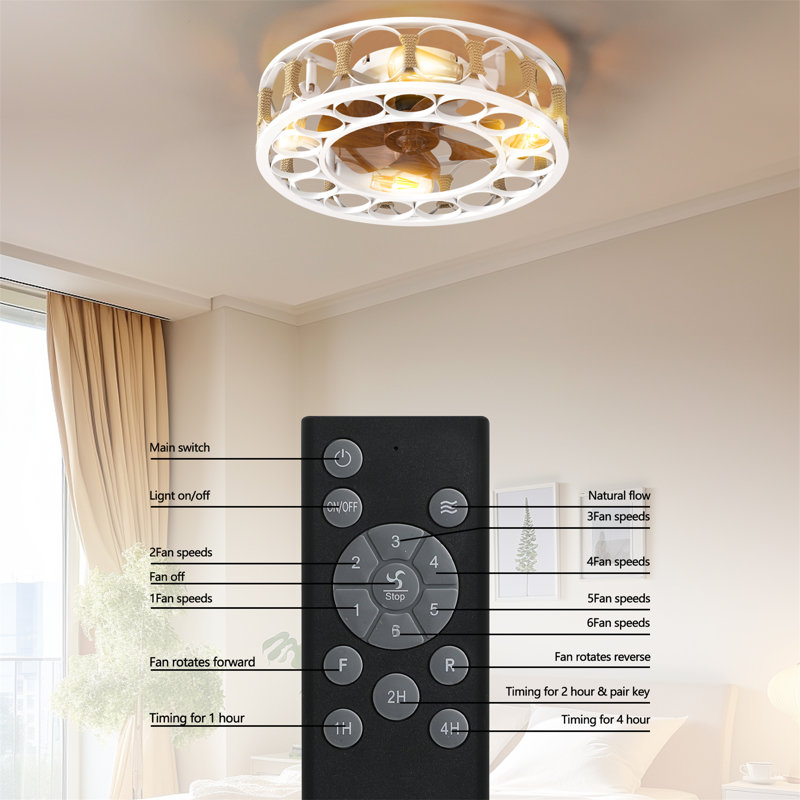 White Iron Caged Ceiling Fan with Remote and LED Lights