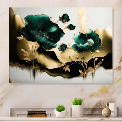 Gold and Green Poppy Floral Euphoria II - Floral Poppy Metal Wall Decor