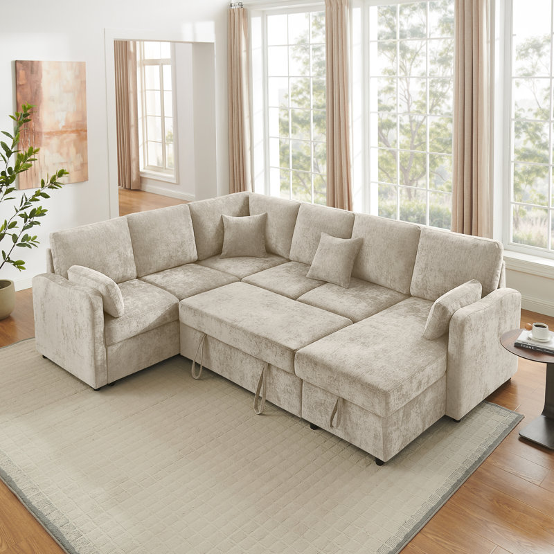 Modern Sofa With Storage Chaise And Pull-Out Sleeper, Camel