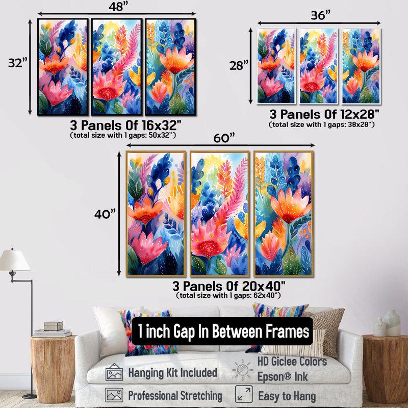 Ensemble de salon art floral orange, aquariums bleus et rêves floraux I, Toile avec cadre flottant or