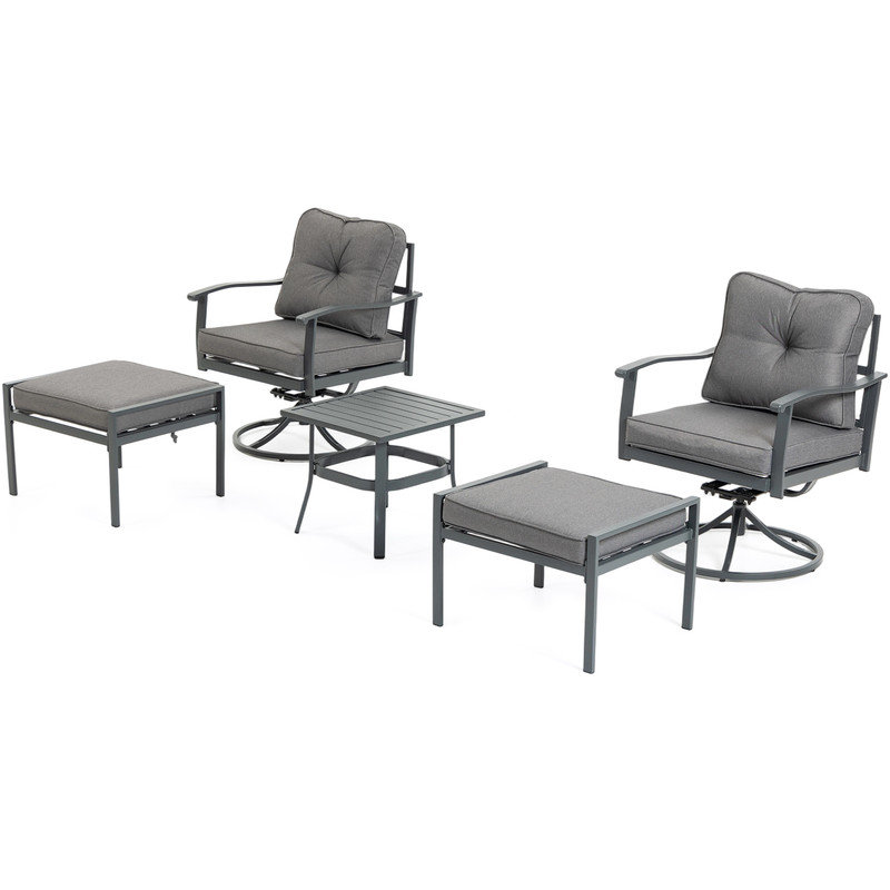 Ensemble de mobilier de patio, ensembles de mobilier d'extérieur 5 pièces, ensemble de conversation en métal avec 2 chaises pivotantes, 2 repose-pieds, 1 table d'appoint, fer forgé avec coussin