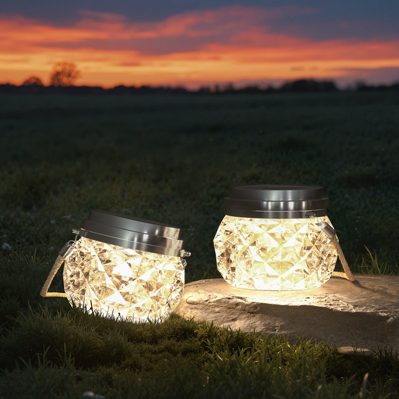  4.02"solar Integrated Led Portable Jar Outdoor Lantern, 2 Lights
