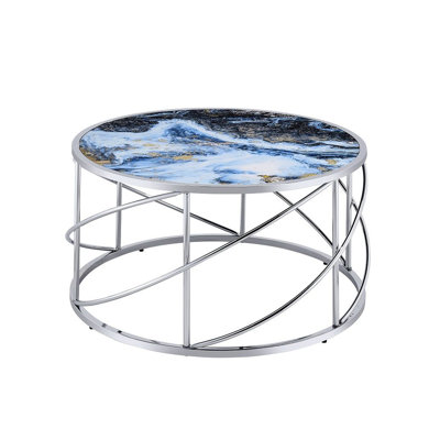 Round Coffee Table With Marble Top In Blue And Chrome by Ivy Bronx