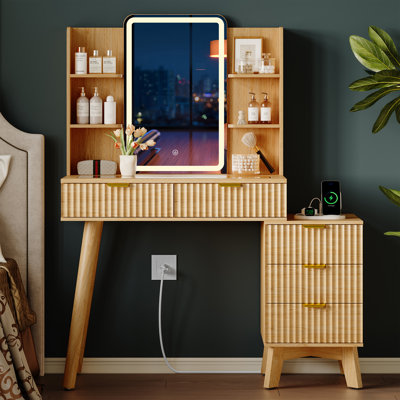 42" W Fluted Makeup Vanity Desk with 23" LED Mirror, 5 Drawers, Glass Top & Built-In Power Outlet,Modern Dressing Table For Bedroom
