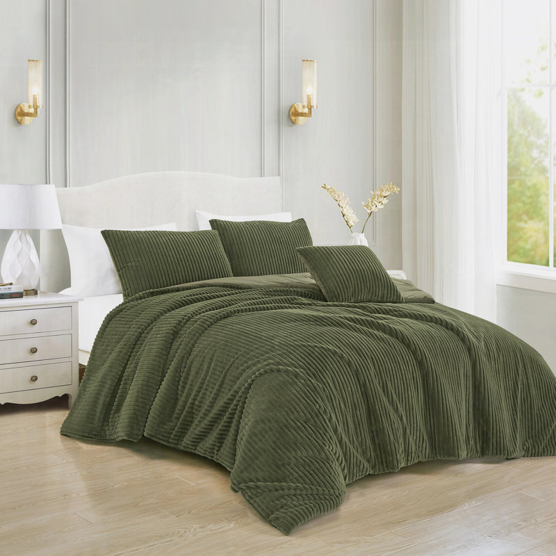 Ensemble d'édredon luxueux 4 pièces à nervures texturées, Édredon très grand et 3 pièces supplémentaires, Vert