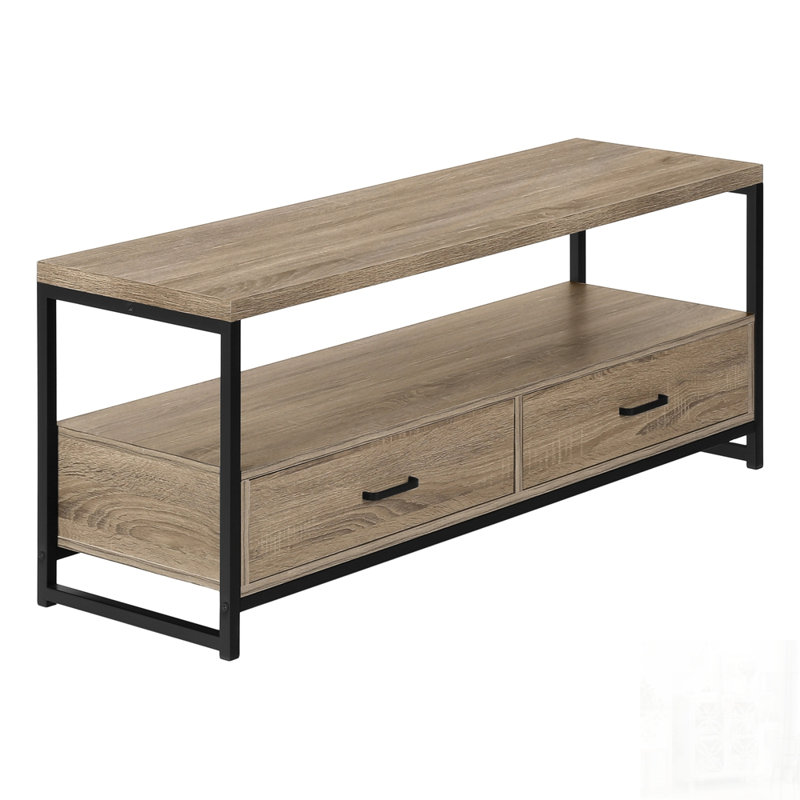 Meuble télé moderne en stratifié avec cadre en métal, tiroirs de rangement et tablettes ouvertes pour le salon ou la chambre à coucher