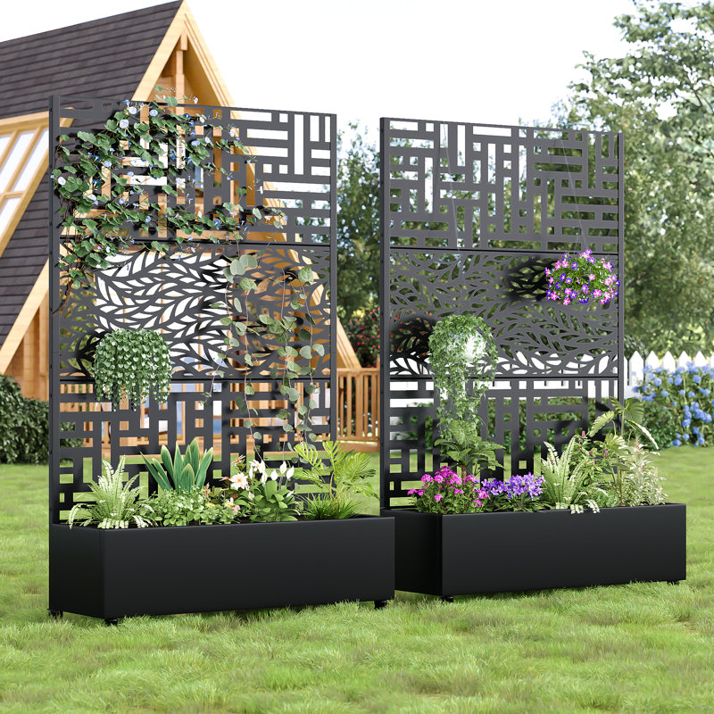 Set of 2 Two-tone Outdoor Freestanding Raised Garden Bed with Privacy Screen Metal Planter Box with Trellis for Climbing Plant Vegetable Vines Room Divider with Wheels for Balcony Porch Yard