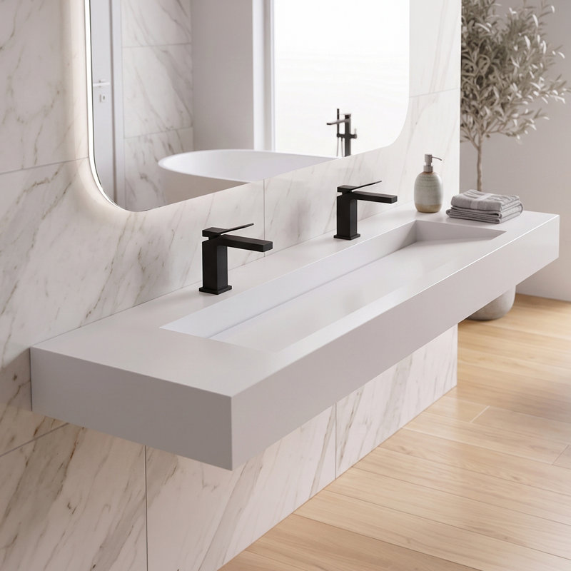 Pyramid 72" Wall Mounted Rectangular Solid Surface Bathroom Trough Sink in Matte Finish - White, With Faucet Holes, White