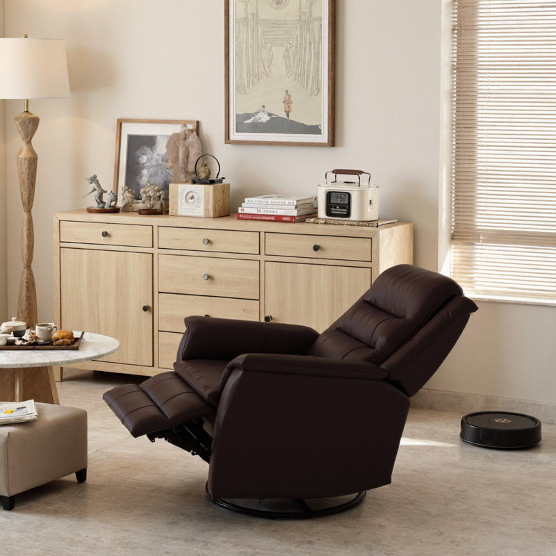 Premium Leather Swivel Glider Recliner with Manual Recliner – Ultimate Comfort for Effortless Lounging, Dark Brown