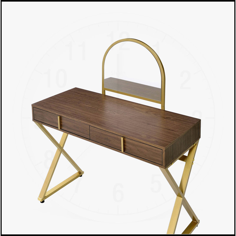 Charming Vanity Desk with Mirror and Jewelry Tray for Stylish Spaces, Gold/Walnut