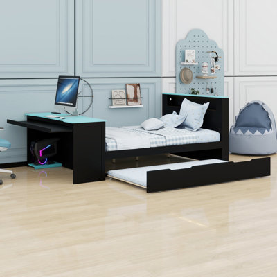 Innovative Wood Daybed with Trundle, Desk, LED Light & USB Connectivity