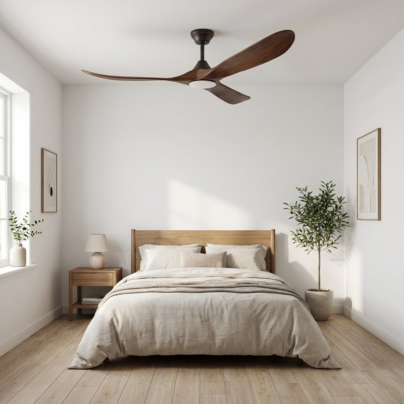 Ventilateur de plafond moderne avec lumière, ventilateur de plafond à 3 pales en bois de noyer massif, moteur réversible CC silencieux, application intelligente et télécommande