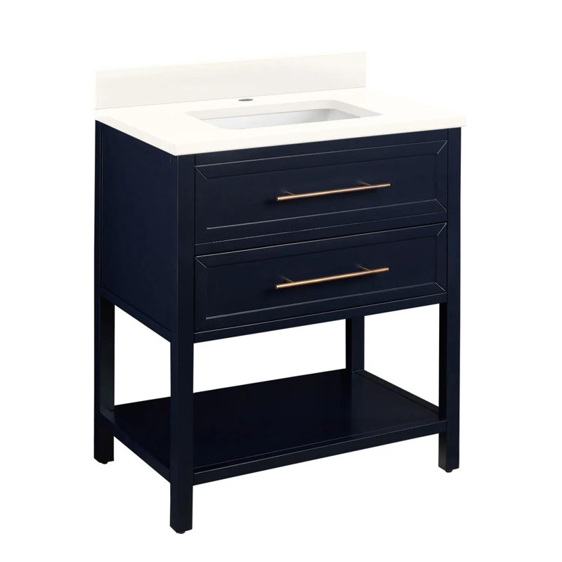 30" Robertson Single Bathroom Vanity Set with Oval Undermount Sink, 8" Widespread, Arctic White Quartz, Midnight Navy Blue