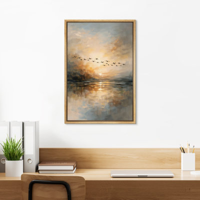 «Golden Sunset Over Calm Lake with Flying Birds», reproduction d'art sur toile encadrée