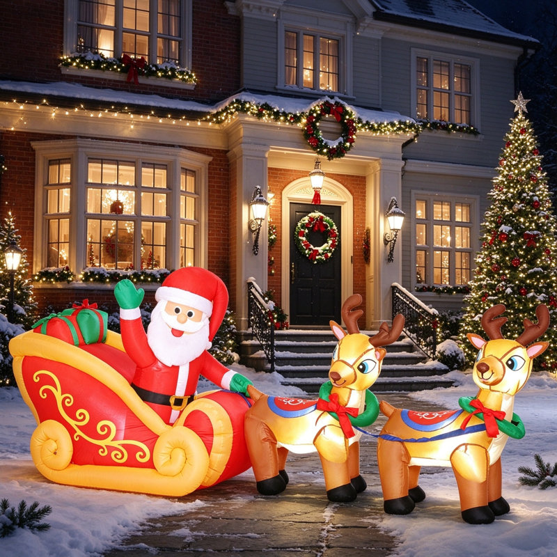 LED Lighted Blow Up 7.9ft Christmas Inflatable Santa on Sleigh, Indoor Outdoor Garden Home Holiday Decoration, Santa Sleigh with Two Reindeer Design
