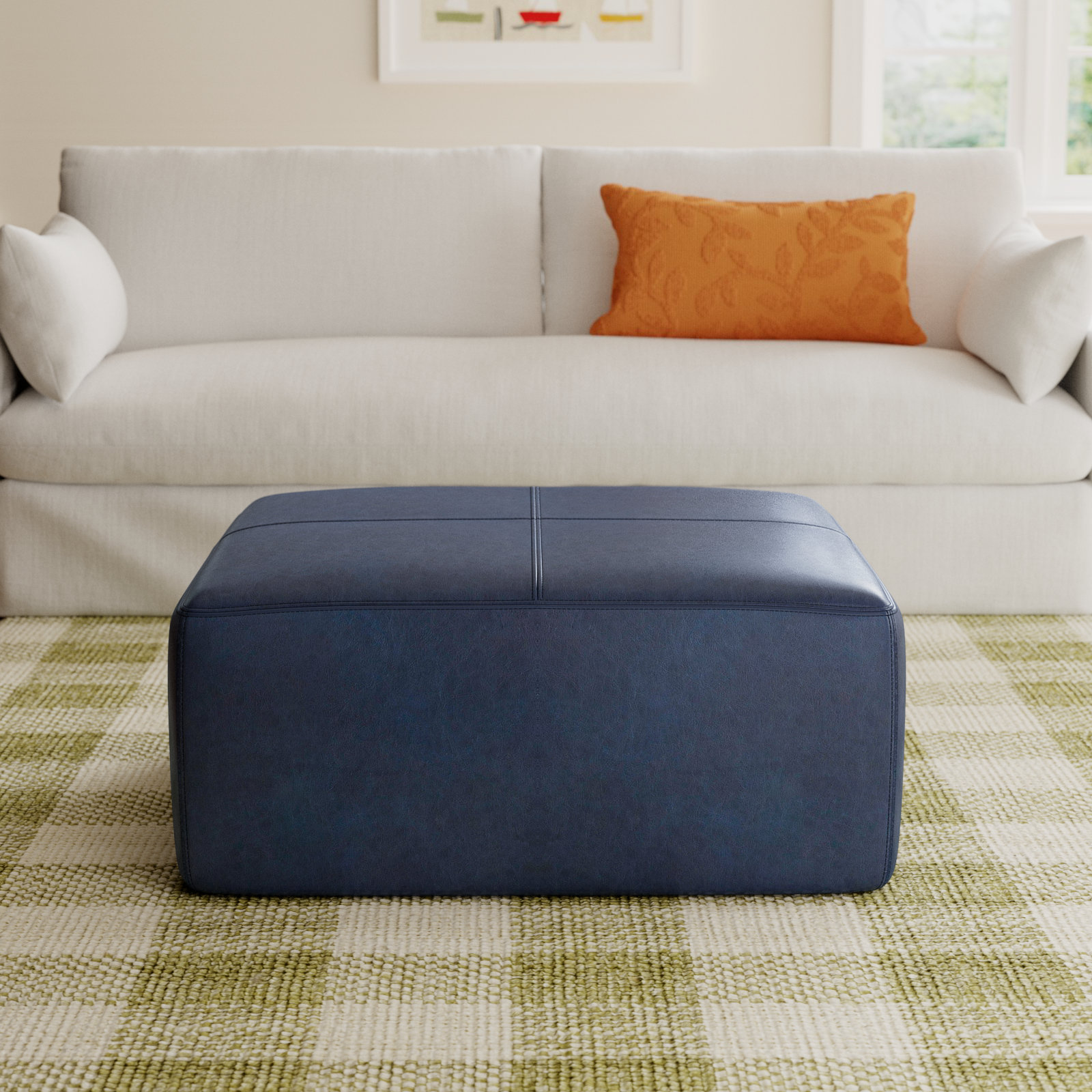 Heafield 35" Genuine Leather Ottoman, Midnight Blue Genuine Leather
