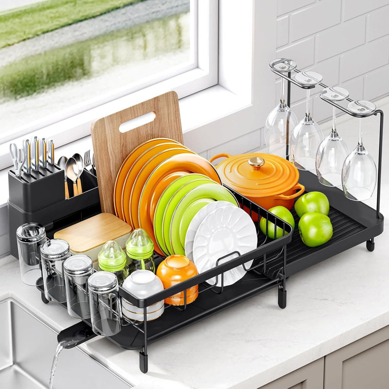 Égouttoir à vaisselle extensible avec égouttoir, organisateur de comptoir de grande capacité avec porte-verres à vin, égouttoir à vaisselle compact