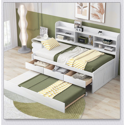 Wooden Captain Bed With Built-In Bookshelves,Three Storage Drawers And Trundle