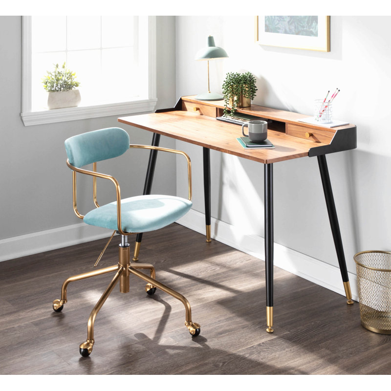Chaise de bureau contemporaine en métal doré et velours bleu clair
