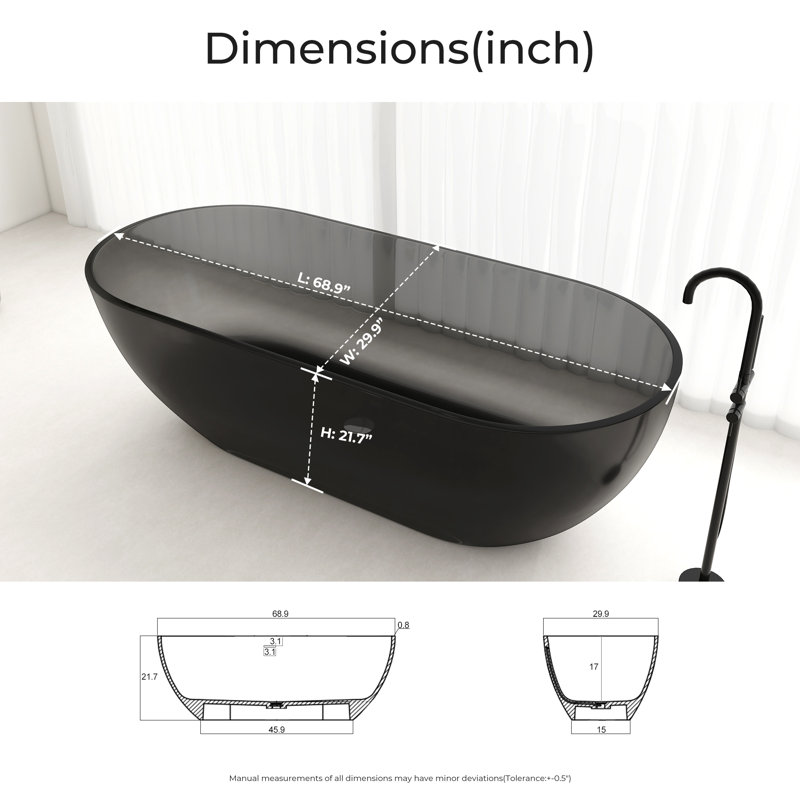 69'' x 30'' Freestanding Soaking Solid Surface Bathtub