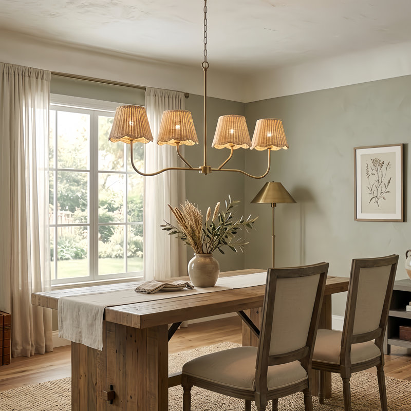 4-light 36" Polished Brass Linear Kitchen Island Pendant With Rattan Shades For Dining Room