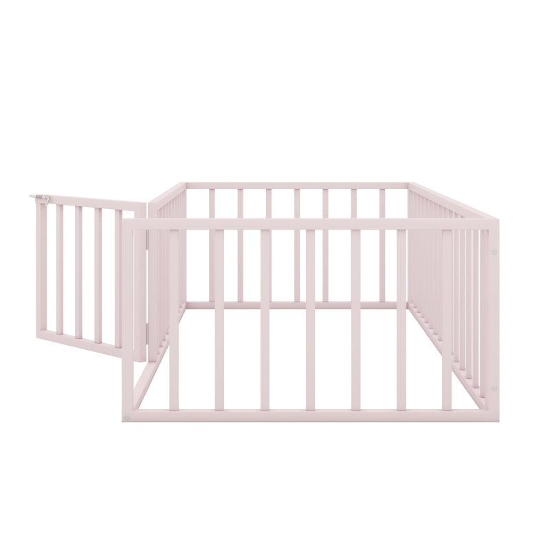 Metal Floor Bed Frame With Fence And Door, Pink