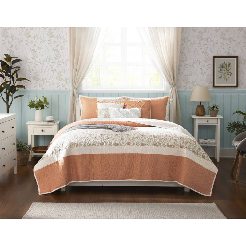 Ensemble de courtepointe en percale de coton 6 pièces avec coussins Coral Queen, Corail