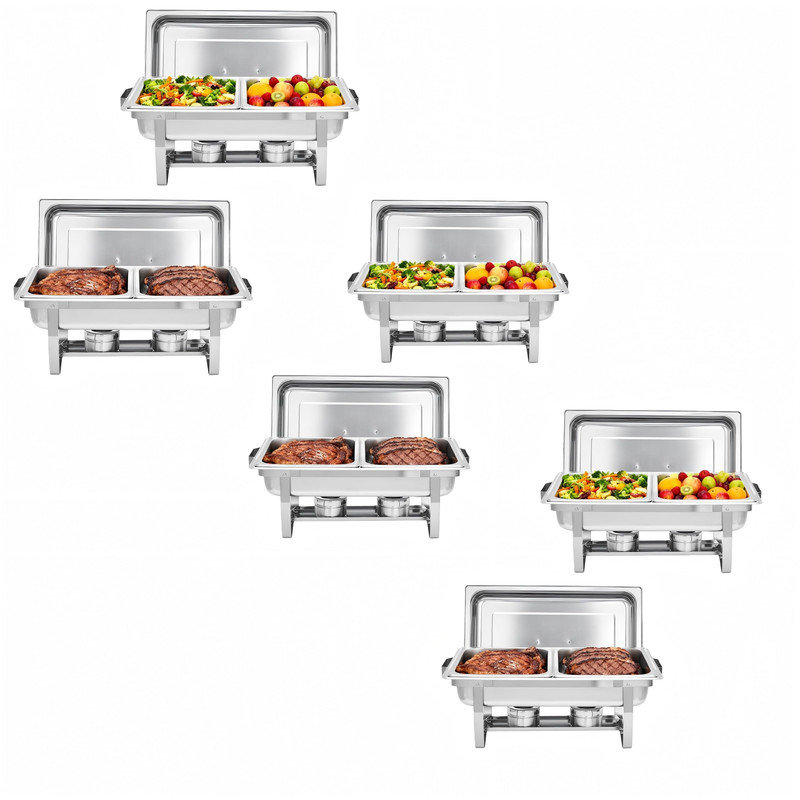 Chauffe-plats empilables à double compartiment - 6 plateaux de buffet en acier inoxydable pour la restauration, les fêtes et les événements