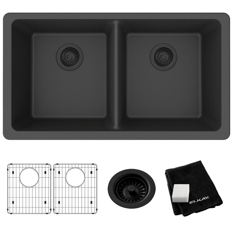 Ensemble de lavabo double encastré Elkay Quartz Classic 33 po x 18-1 / 2 po x 9-1 / 2 po, noir mat, Noir mat