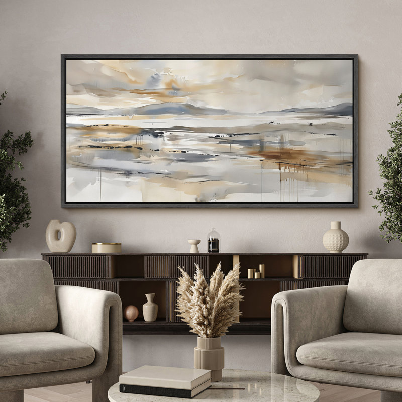 «Abstract Landscape Reflection», toile encadrée à l'aquarelle neutre, Noir, H 30 po x l 60 po