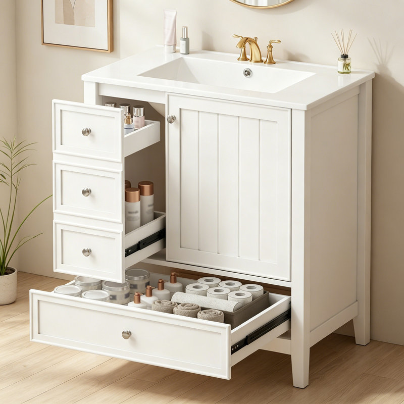 Meuble-lavabo avec lavabo, une armoire et trois tiroirs, Blanc