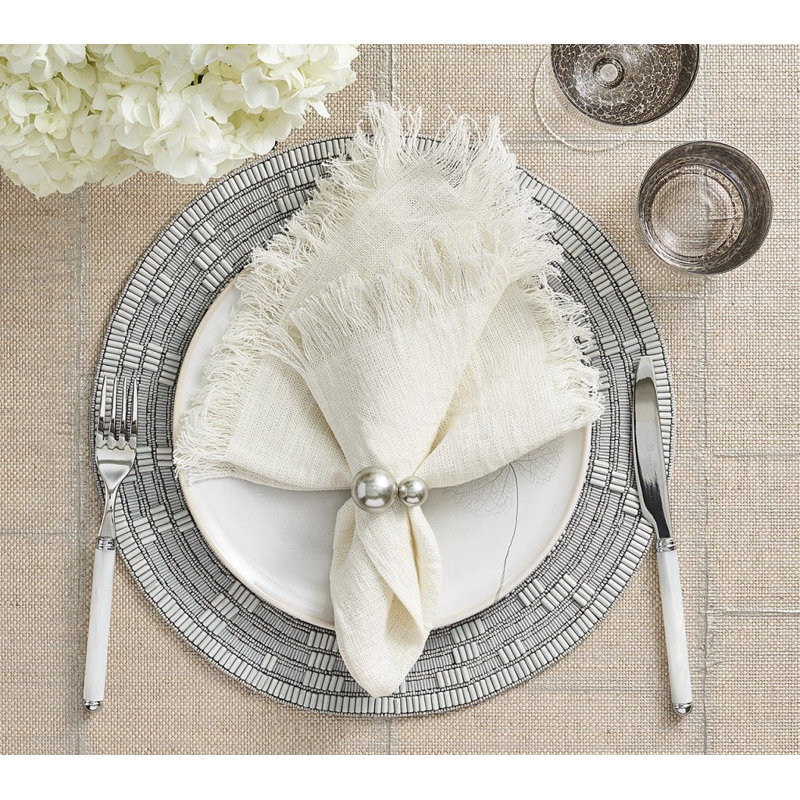 Fringe Linen Napkin, White/Silver