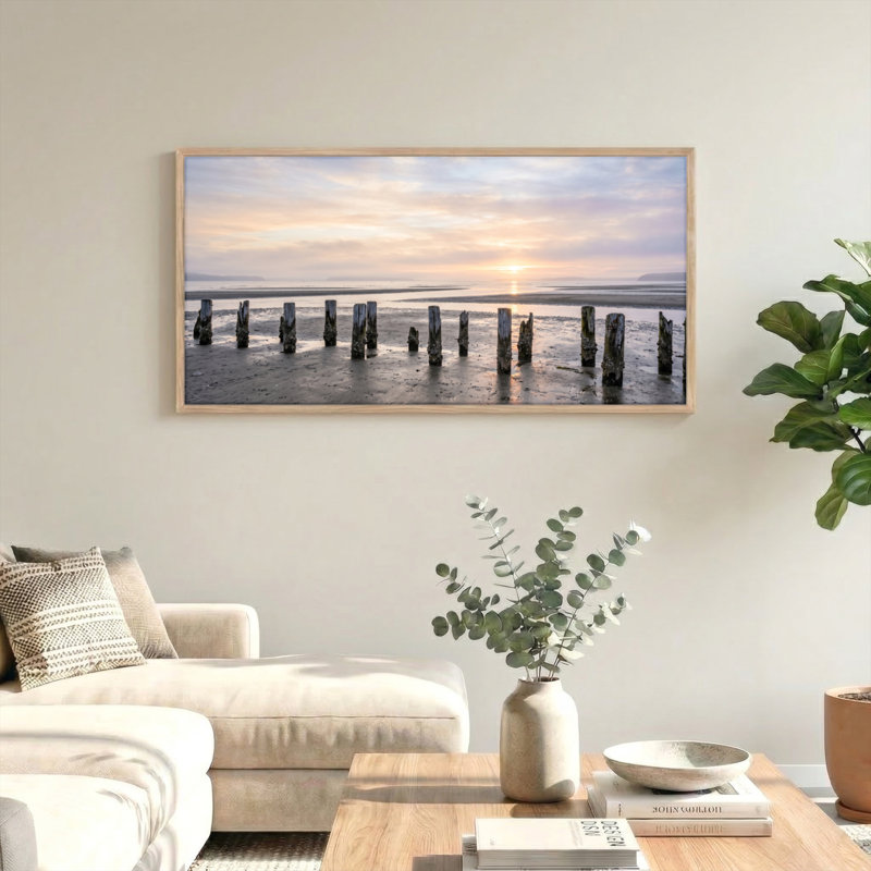 Ensemble de 1 tableau sur toile représentant un coucher de soleil sur la plage, 40“W x 20”H, Natural