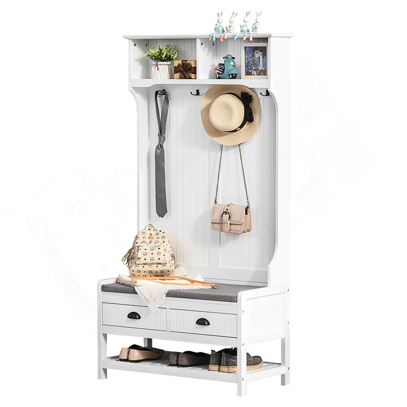 3-In-1 Hall Tree, Entryway Bench With Coat Rack, Shoe Storage, And Padded Seat For Modern Homes, White