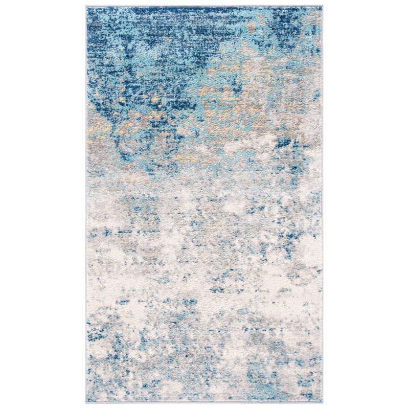 Tapis abstrait gris clair / bleu N'Keal, Rectangulaire 3 pi x 5 pi, Light Grey/Blue