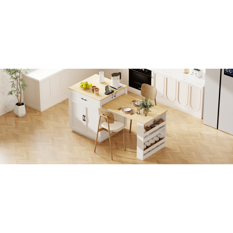 82.7 Inch Kitchen Island With Extendable Dining Table For 4-6 Person,Faux Marble Kitchen Table With Double-Sized Storage,Power Outlet,Kitchen Island With Storage 2 Drawers 2 Side Open Shelves