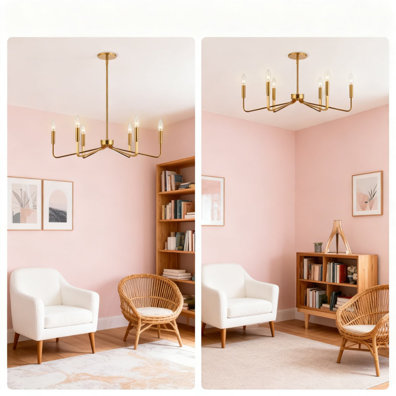 Lustre de ferme 6 lumières en or brossé - Plafonnier suspendu réglable de style bougie industrielle pour les salles à manger et les espaces de vie