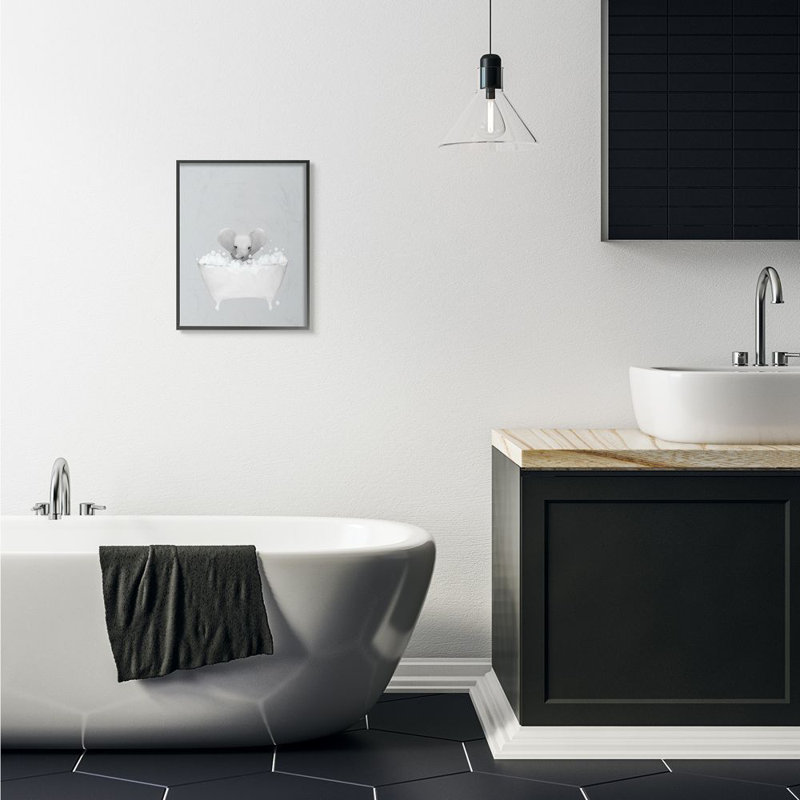 «Elephant Blue Bath» par Leah Straatsma - reproduction d'art, H 20 po x l 16 po, Giclée encadrée noir minuit