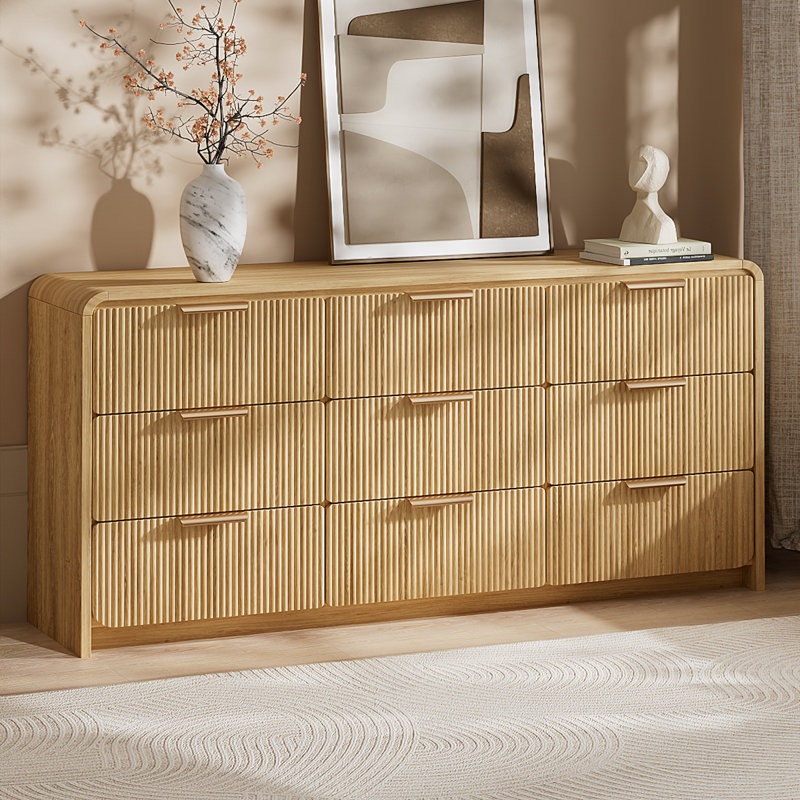 Commode 9 tiroirs pour chambre à coucher, commode de rangement moderne l 57 po avec bord incurvé, Tanné