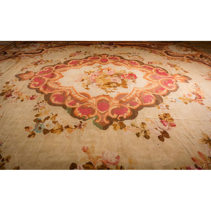 1850s Antique Beige Floral Medallion French Neoclassical European Aubusson rug