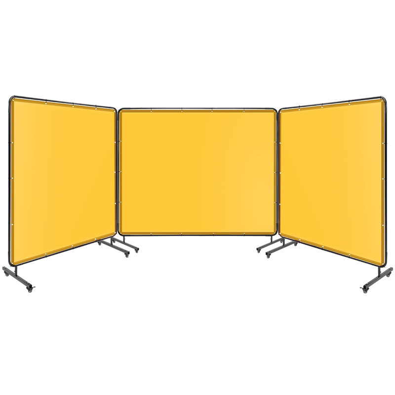 Écran de soudage en vinyle ignifugé à 3 panneaux (2,44 m x 1,83 m) avec cadre, avec roulettes pivotantes verrouillables, panneau transparent pour une sécurité optimale lors du soudage, jaune.