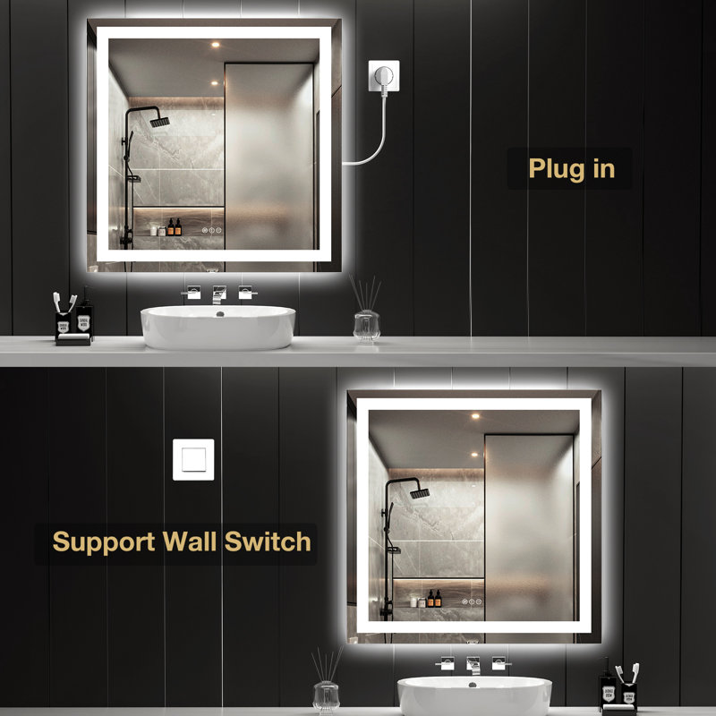 Rectangular Frameless Anti-Fog LED Light Wall Bathroom Vanity Mirror, 36" x 36"