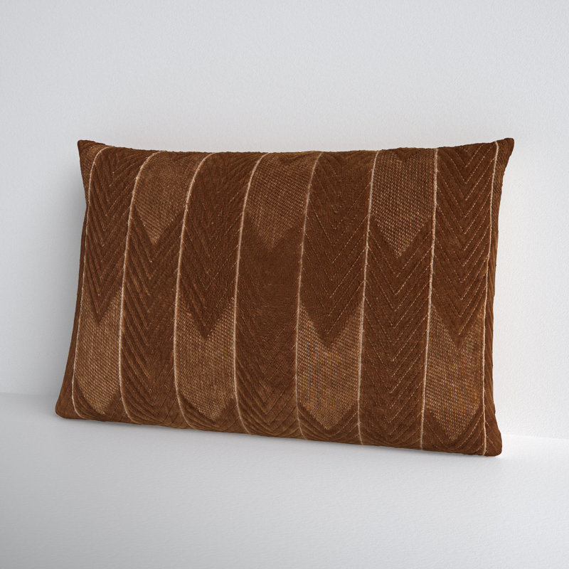 Brown Embroidered Cotton Lumbar Pillow with Chevron Design