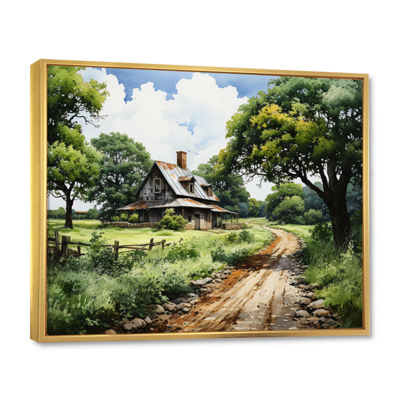 Farmhouse Natures Embrace Pointillism - impression, H 12 po x l 20 po x P 1 po, Cadre flottant doré