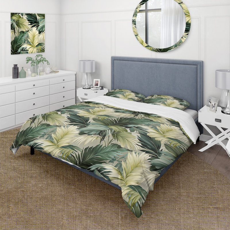 Literie tropicale discrète à motif tropical I, Housse de couette pour grand lit et 2 taies décor